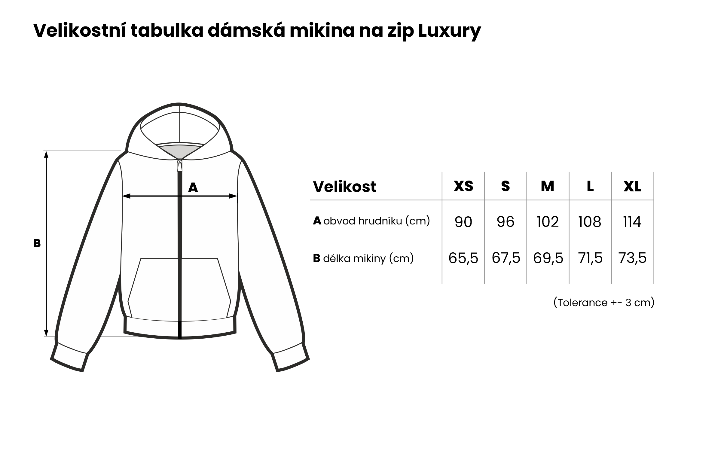 Velikostní tabulka dámská mikina na zip Luxury